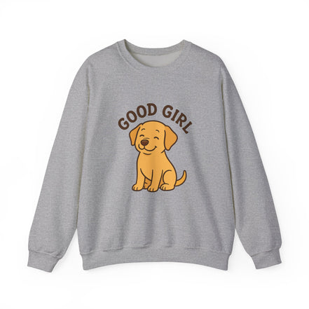 A heather gray crewneck sweatshirt featuring a cartoon graphic of a golden retriever puppy sitting underneath the brown text 'GOOD GIRL'.