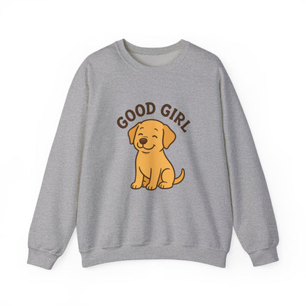 A heather gray crewneck sweatshirt featuring a cartoon graphic of a golden retriever puppy sitting underneath the brown text 'GOOD GIRL'.