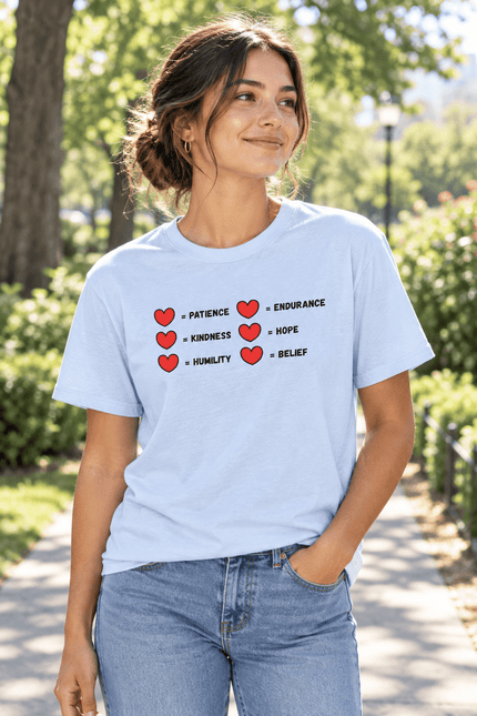 A  tee worn by young woman in jeans outside tee has a two rows of hearts with equal signs. in a row next to the = signs are the words 