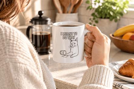 I Meant To Do That Cat Mug held by woman in a sweater.