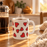 Red Heart Pattern Mug on a table beside press coffee maker.