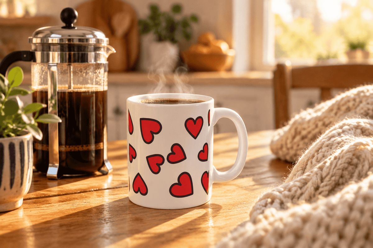 Red Heart Pattern Mug on a table beside press coffee maker.