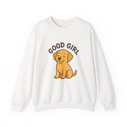 An off-white crewneck sweatshirt featuring a cartoon graphic of a golden retriever puppy sitting underneath the brown text 'GOOD GIRL'.