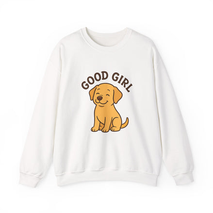 An off-white crewneck sweatshirt featuring a cartoon graphic of a golden retriever puppy sitting underneath the brown text 'GOOD GIRL'.